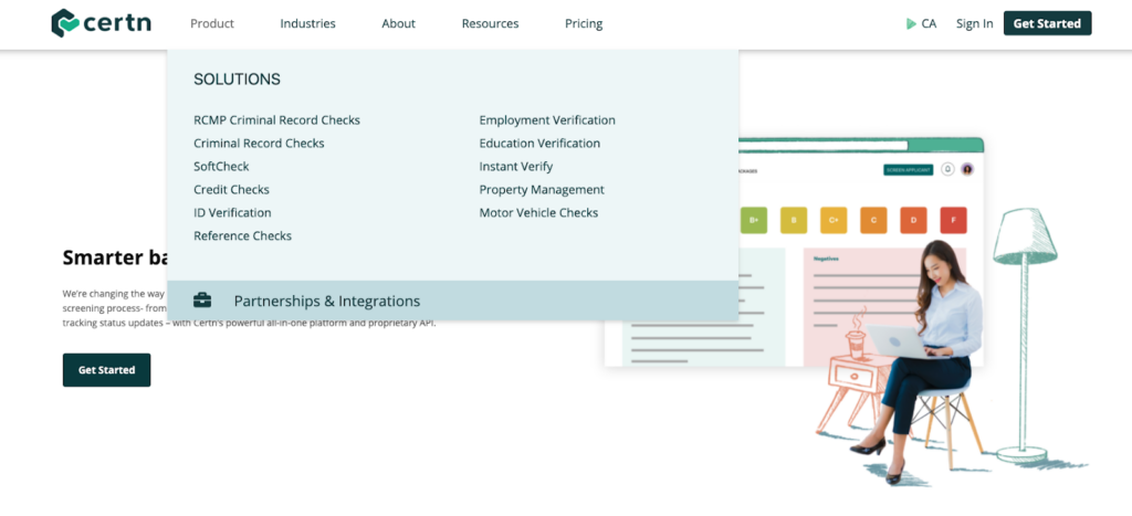 Certn website: solutions tab.
